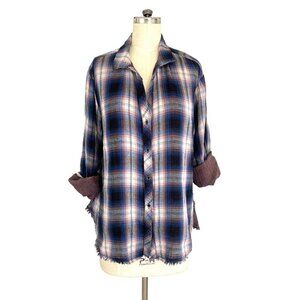 Bella Dahl Shirt M Button Down Back Blue Plaid Coastal Cowgirl Boho Fringe Hem